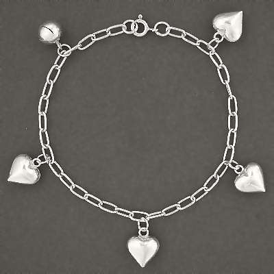 #294-402--Pulsera de Plata Esterlina con dijes de corazn hinchado y cascabel hinchado